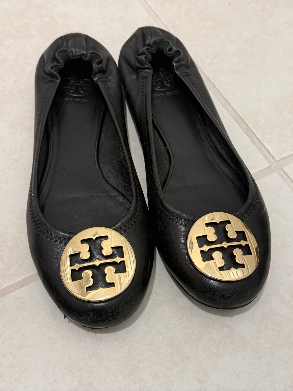 Tory Burch Black Leather Ballet Flats with Gold Logo Medallions